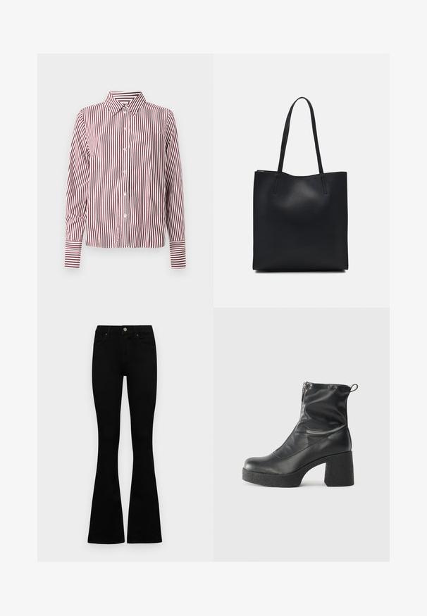 Rdeča in bela črtasta majica z dolgimi rokavi in ovratnikom, gumbi zadaj in kontrastnimi črtastimi manšeti. Gladek, tkani material.; Črne visokotopne kavbojke z gumbom in zadrgo, sprednjimi žepi in razširjenimi hlačnicami, poleg bel background.; Črne gležnjarje iz gladke kože z božnim zadrgo, masivnim teksturiranim peto in zaobljeno obliko prstov.; Črna usnjena torba s svilnato teksturo, pravokotne oblike in dvema dolgima ročajema. Brez vidnih metalnih delov ali okrasnih elementov.