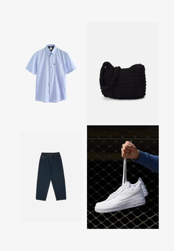 Next BUTTON DOWN OXFORD SHORT SLEEVE - REGULAR FIT - Cămașă - pale blue; Jeans negri închis cu talie înaltă, cu o croială lejeră, dotate cu cinci buzunare și închidere cu nasture. Făcute din denim cu o textură netedă.; Adidași albaștri din piele cu perforații, vârf rotund, talpă plată și șireturi groase, cu un logo swoosh vizibil și cu inscripția "AIR" pe toc.; Geantă dintr-un material textil negru, cu un model texturat și matlasat. Formă rotundă, mânere scurte și groase, și o structură moale, flexibilă.