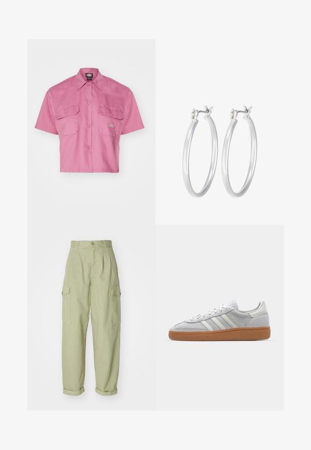 Dickies WORK CROPPED - Užsagstoma palaidinė - mellow mauve; Balta, raukšlėta ilgarankovė palaidinė su apvalia iškirpte. Pagaminta iš elastingos medžiagos, kuri prisitaiko prie kūno. Pasipuošusi subtiliomis horizontaliosiomis linijomis.; Šviesiai žali cargo tipo kelnės, pagamintos iš medvilnės audinio. Joms būdingas aukštas juosmuo, suktos galinės dalys ir dvi šoninės cargo kišenės, užtikrinančios papildomą patogumą.; Šviesiai pilki zomšiniai sportbačiai su baltais odiniais akcentais, trimis baltomis juostelėmis ir rudą guminę pada, turintys paminkštintą apykaklę patogumui.; Sidabriniai auskarai su sklandžiu, poliruotu paviršiumi. Apvalios formos ir saugus uždarymo mechanizmas. Lengvas dizainas, tinkantis kasdieniam dėvėjimui.