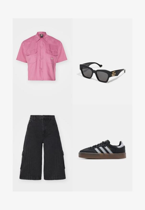 Dickies WORK CROPPED - Camicia - mellow mauve; adidas Originals CAPRI - Shorts di jeans - black; Sneakers neri con un design elegante, caratterizzati da tre strisce bianche, una linguetta nera e una suola in gomma marrone testurizzata. Accenti di scritte dorate.; Occhiali da sole neri rettangolari con lenti scure, dotati di logo GG in oro sul lato. Realizzati in plastica lucida con astine dritte.