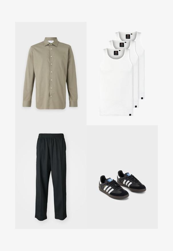 Žaliai alyvuogių spalvos ilgomis rankovėmis marškiniai. Priekyje mygtukai su šviesiomis spalvomis. Minkšta tekstūra ir pritaikyta forma su klasikinio stiliaus apykakle.; Trys balti, dryžuoti marškiniai be rankovių, pagaminti iš medvilnės. Yra apvalus kaklas ir maži juodi etiketės netoli siūlės. Siūlomi įvairių dydžių.; Juodi sportiniai kelnių modeliai su elastinga juosmena, pagaminti iš šiurkščios medžiagos, su subtiliomis šoninėmis siūlėmis ir laisva, tiesia koja.; Juodi sportiniai bateliai su zomšos ir sintetine viršutine dalimi, turintys tris baltas juosteles, tekstūruotą gumos pado paviršių ir mėlyną logotipo etiketę ant liežuvėlio.