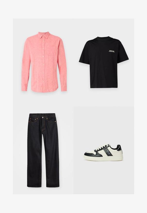 Gaiši rozā lina krekls ar garām piedurknēm, pogājamā frontē, ar vienu krūšu kabatu un klasisku apkakli. Mīksta tekstūra un brīva piegriezuma stils.; Melna kokvilnas T-kreklu ar īsām piedurknēm, apaļu kakla izgriezumu un baltu un zeltītu tekstu drukāšanu kreisajā krūtīs, ar brīvu piegriezumu.; Vīriešu taisno kāju melnie džinsi ar piecām kabatām un oranžu izšuvumu, ar pogu un zipa aizdari priekšējā jostas daļā.; Ādas sporta apavi ar melnbaltu krāsu shēmu, ar perforētiem akcentiem, mīkstinātu apkakli un teksturētu zoli.