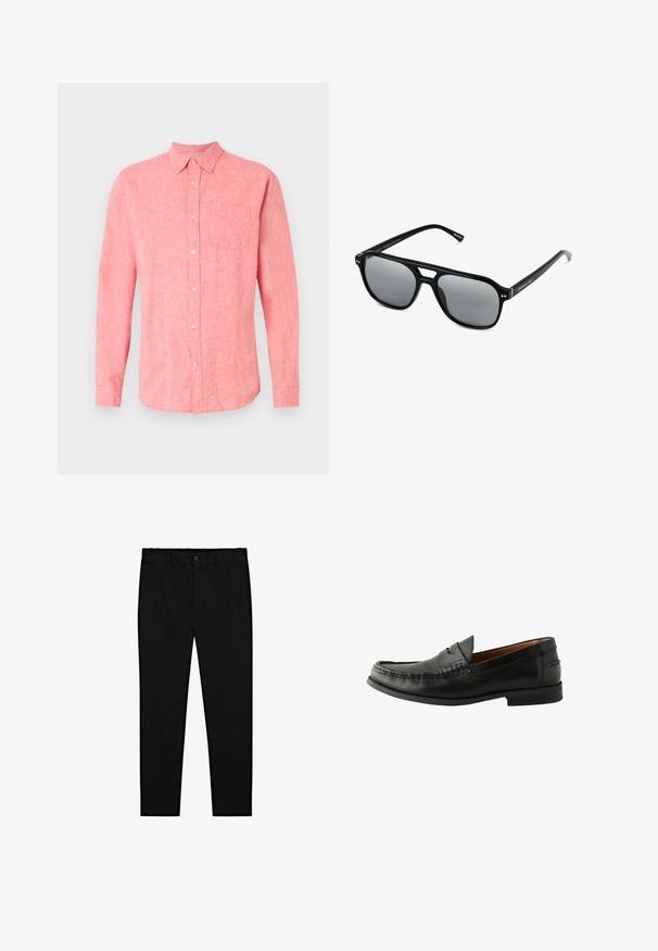 Camicetta a maniche lunghe in lino rosa chiaro con chiusura a bottoni, taschino singolo sul petto e colletto classico. Tessuto morbido con una vestibilità casual.; Top in cotone bianco, design senza maniche, collo rotondo, texture liscia, realizzato in un tessuto morbido e leggero. Due pezzi esposti.; Pantaloni neri su misura con chiusura a bottone, passanti per cintura e gamba dritta slim, esposti su uno sfondo bianco.; Mocassini in pelle nera con finitura liscia, punta arrotondata, dettagli cuciti a mano e suola bassa in gomma. Design classico e versatile.; Occhiali da sole neri con montatura rettangolare, lenti grigie oscurate e design con intaglio sul ponte. Materiale plastico lucido e slanciato, con tempie sottili.