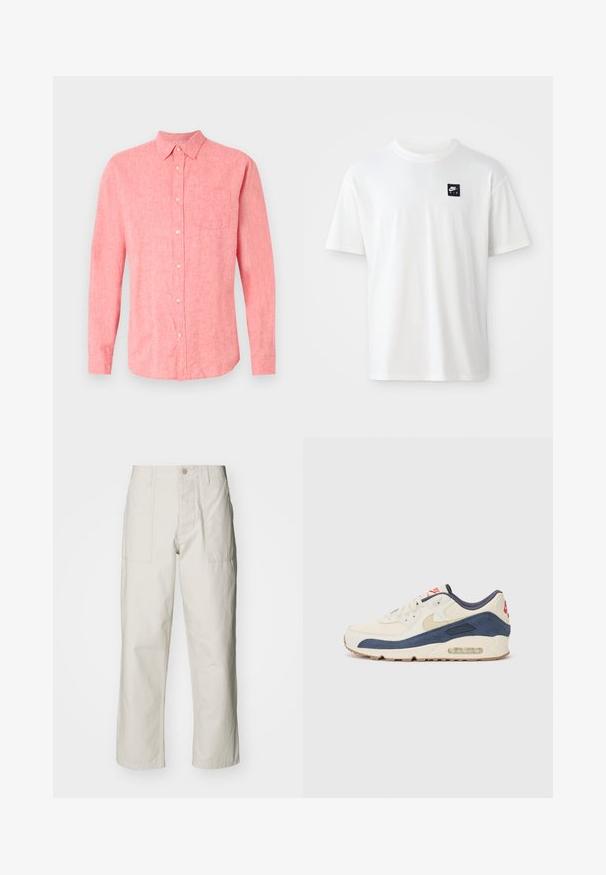 Langermet skjorte i lys rosa lin med knappestilling foran, enkelt brystlomme og klassisk krage. Myk tekstur med en avslappet passform.; Hvit bomull t-skjorte med korte ermer og rund hals; har en liten svart rektangulær Nike Air-logo på venstre bryst.; Lyse beige vide bukser laget av bomull. Har frontlommer og knappelukking. Jevn tekstur med subtile vertikale linjer.; Sko med overdel i kremfarget lær og marineblå semsket skinn, med synlig luftsåle, beige gummisåle og rød detalj på hælen.