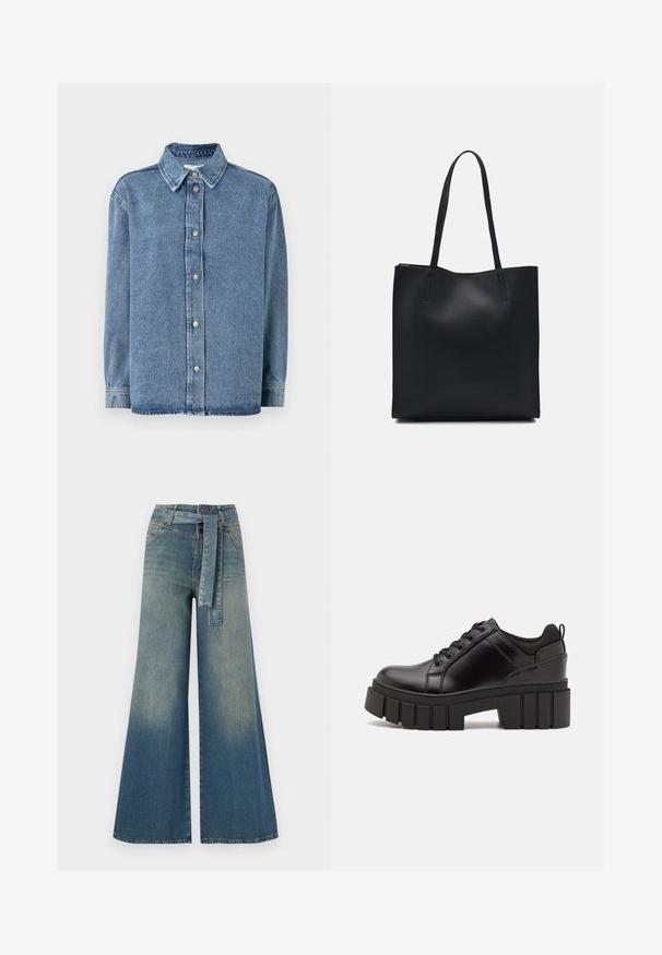 Cămașă din denim de culoare albastru deschis, cu mâneci lungi, închidere frontală cu nasturi, guler ascuțit și o croială lejeră. Textură moale cu detalii minime de cusătură.; Pantaloni din denim largi, cu un gradient de la albastru deschis la albastru închis, talie înaltă, bucle pentru curea și o curea din același material. Finisaj texturat din denim.; Pantofi cu talpă plată din piele neagră, cu toc gros, vârf rotund și design tradițional cu șireturi. Prezintă o textură netedă și detalii minime.; Geantă tote neagră din piele, cu textură netedă, formă rectangulară și două mânere lungi. Fără hardware vizibil sau ornamente.