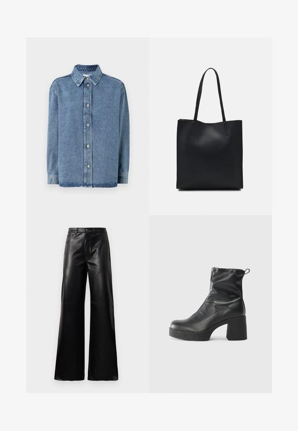 Jeanshemd in Hellblau mit langen Ärmeln, Knopfleiste, spitzem Kragen und lockerer Passform. Weiche Textur mit minimalen Nähdetails.; Schwarze leichte, weit geschnittene, hochtaillierte Kunstlederhose mit vorderem Knopf, Reißverschluss, Gürtelschlaufen und Seitentaschen auf weißem Hintergrund.; Schwarze Stiefeletten aus glattem Leder mit seitlichem Reißverschluss, klobigem strukturiertem Absatz und runder Zehenform.; Schwarze Laptoptasche aus Leder mit glatter Textur, rechteckiger Form und zwei langen Griffen. Keine sichtbaren Beschläge oder Verzierungen.
