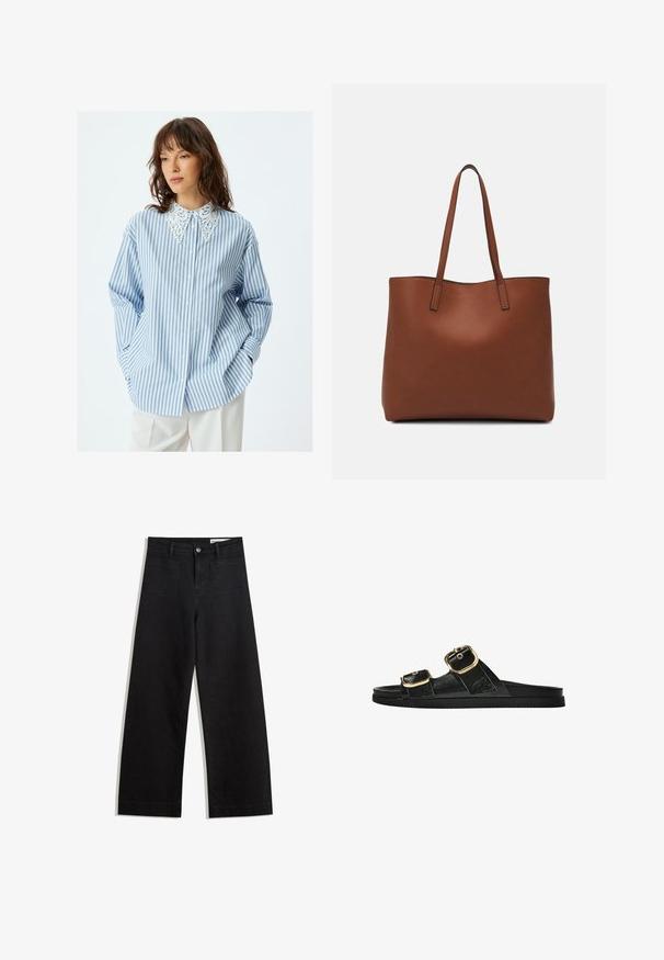 Lichtblauw en wit gestreept overhemd met een decoratieve witte kanten kraag. Heeft lange mouwen en een ontspannen pasvorm.; Zwarte denim broek met wijde pijpen en een hoge taille, voorzien van voor- en achterzakken, gestikte naden en een knoopsluiting. Gladde textuur.; Zwarte slipper met twee gouden gesps, gladde textuur, platte zool en een minimalistisch ontwerp.; Bruine leren tote bag met een gladde textuur, een ontwerp met een open bovenkant en twee schouderbanden. Kenmerkt zich door minimale stiksels en geen zichtbare hardware.