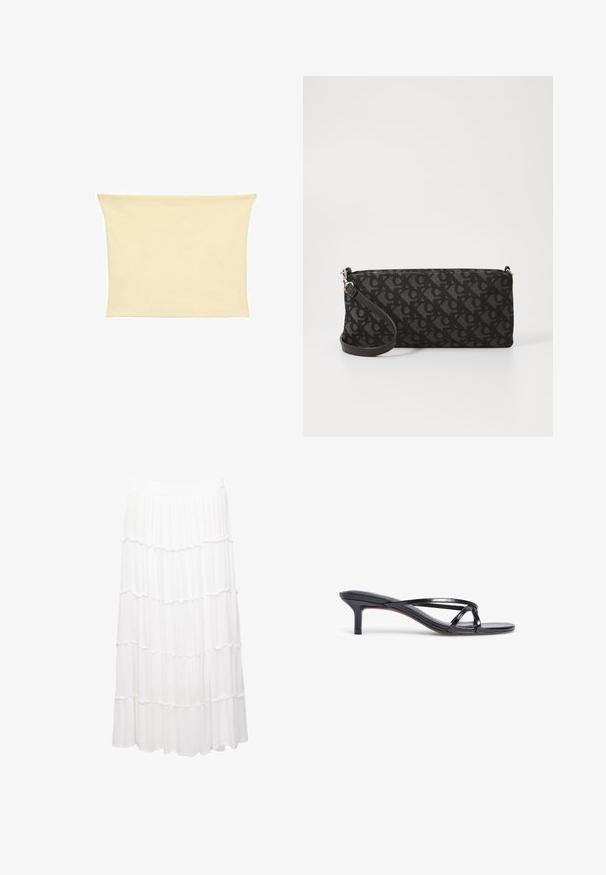 Beiger Stretchstoff-Bustier mit glatter Textur und einfachem Design. Ausgestellte Kanten und keine sichtbaren Beschläge oder Muster.; Weiße, gestufte Rock aus leichtem Stoff, mit einem dehnbaren Bund, Rüschenschichten und einem fließenden Design, das bis zur Mitte der Wade reicht.; Schwarze Lackleder-Absatzsandalen mit dünnen Riemen, einem minimalistischen Design und einem kleinen Blockabsatz. Glatte Textur ohne Muster.; Schwarze Clutch-Tasche aus einem strukturierten Stoff mit einem dezenten Logo-Muster. Schlanke Form mit abnehmbarem Tragegurt und Reißverschluss.; Goldene Creolen mit polierter Oberfläche, die ein dickes, geschwungenes Design aufweisen. Schlichte und moderne Silhouette ohne zusätzliche Verzierung.