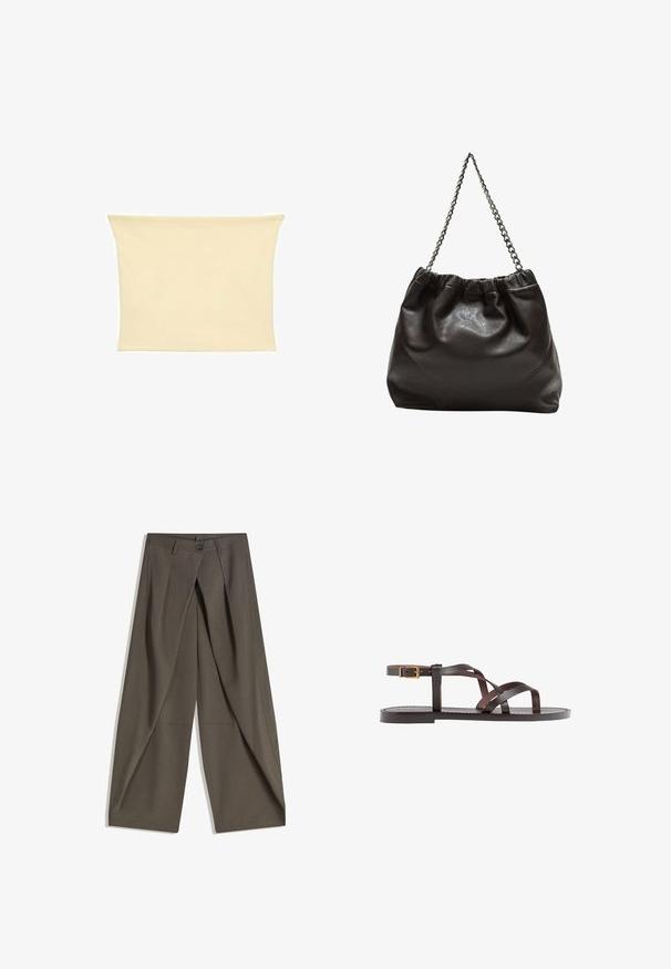 Beige stretch fabric tube top with smooth texture and simple design. Flared edges and no visible hardware or patterns.; Wide-leg trousers made of a textured, dark gray fabric. Features a front pleat, button closure, and side pockets for practicality.; Brown leather sandal featuring crisscross straps, an ankle buckle closure, and a flat sole with minimal stitching details.; Brown leather bag with a gathered top and a chain strap. Smooth texture with a glossy finish and subtle seam detailing on the sides.