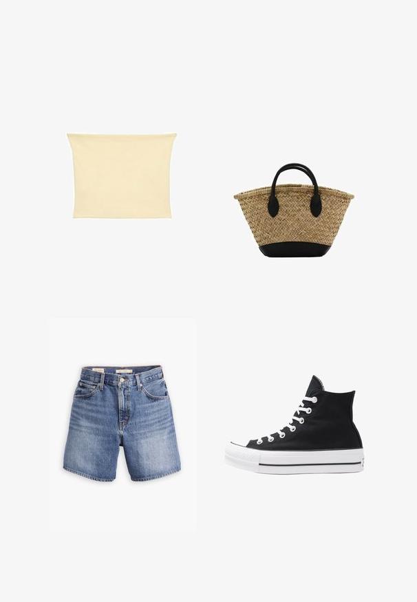 Beige strækstof tube top med glat tekstur og enkelt design. Udfoldede kanter og ingen synlige hardware eller mønstre.; Denimshorts i mellemblå, med et klassisk femlomme-design, knaplukning og lige ben. Let falmet tekstur over det hele.; Højtop sort lærredssko med hvide øjetter, snørebånd og gummisål. Har en tekstureret tåhætte og sorte og hvide stribe-accenter.; Vævet stråkurv med en udvidet form, der har en sort læderbund og håndtag. Teksturerede naturlige fibre med glatte sorte detaljer.; Kvadratisk Cluse ur med hvid urskive, guld- og sølvakcenter samt et bimaterialearmbånd med vekslende guld- og sølvled.