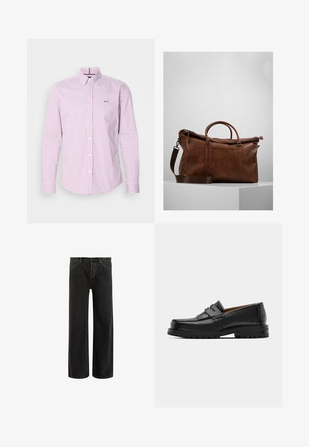 Camicia a righe a maniche lunghe in rosa chiaro e bianco, con colletto button-down e piccolo logo. Presenta una vestibilità classica e tessuto in cotone strutturato.; Jeans wide-leg in denim nero con vita alta, caratterizzati da un classico design a cinque tasche e da un leggero sbiadimento per un aspetto testurizzato.; I mocassini in pelle nera presentano una cucitura sollevata, due fasce decorative sulla parte superiore e una suola spessa e texture per una maggiore aderenza.; Borsa da viaggio in pelle marrone con chiusura a zip, doppie maniglie, tracolla regolabile e motivi di texture visibili sulla superficie.