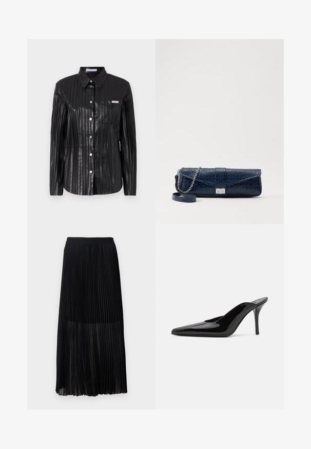 Schwarze, glänzende Hemd mit vertikaler Ripp-Textur, langen Ärmeln, spitzem Kragen, durchgehender Knopfleiste und einer kleinen Brusttasche.; Schwarzer, plissierter Midirock mit einem glatten, elastischen Bund und einer durchsichtigen Überlagerung, die feine vertikale Falten im gesamten Stoff aufweist.; Schwarze Lackleder-Pumps mit hohen Absätzen, spitzer Zehenform und schlanker Silhouette, mit offenem Rücken und schlankem Stiletto-Absatz.; Marineblaue Leder-Clutch mit Krokodilstruktur, silberner Kettenriemen und metallischem Verschluss. Rechteckige Form mit Umschlagdesign.
