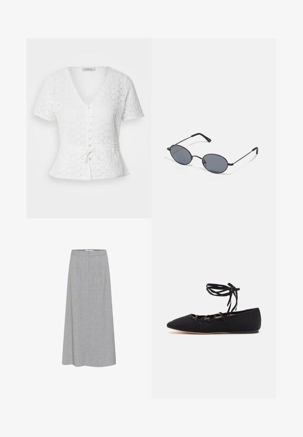 Balta, īsām piedurknēm blūze ar V veida kakla izgriezumu, teksturētu ziedu rakstu, pogu priekšpusi un sasietu josta. Iekļauj viļņainus malus.; Pelēks, līdz ceļiem garš svārku ar gludu tekstūru un smalku heather rakstu. Iezīmēts ar plakanu priekšu ar krokām un pielāgotu jostasvietu.; Loeffler Randall LOUISA LACE UP BALLET FLAT - Baletkurpes ar siksniņu ap potīti - black; Melni ovāli saulesbrilles ar tumšām lēcām un plāniem metāla rāmjiem. Piedāvā slaidas kājas ar maigu izliekumu pie galiem.; Četras sudraba gredzeni ar dažādiem dizainiem: savīti josla, slāņoti viļņi, smalki kristāli un gluda josla ar maziem akcentiem.