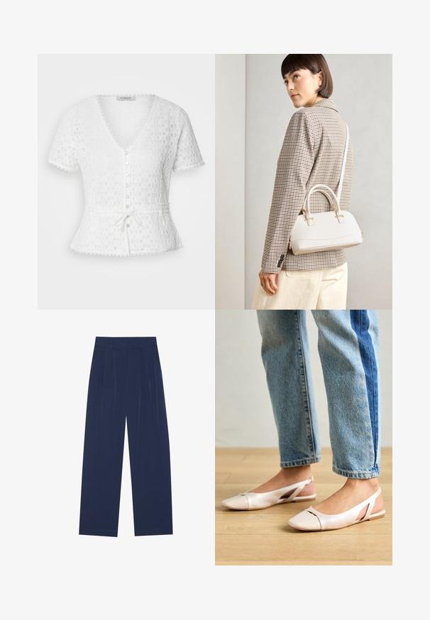 White, short-sleeve blouse with a V-neck, textured floral pattern, button front, and a tied waistbelt. Features scalloped edges.; Navy blue wide-leg pants made of soft fabric, featuring front pleats, a smooth texture, and a straight fit with no visible pockets.; Pale pink slingback flats with a pointed toe, made from a smooth leather-like material. Features cut-out details at the sides and a flat heel.; White structured handbag with short handles and a shoulder strap, featuring gold hardware accents and textured material, displayed against a grey background.