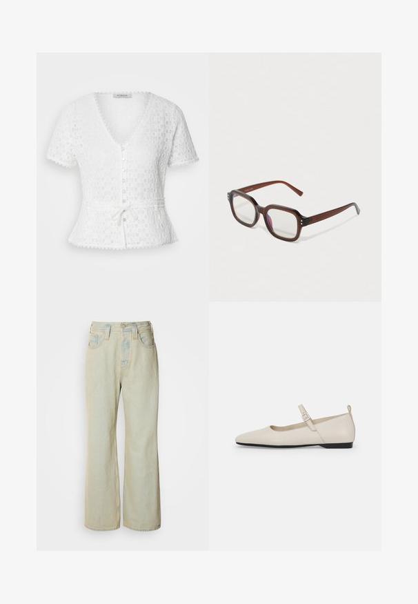 Bluză albă, cu mâneci scurte, cu decolteu în V, model floral texturat, cu butoni în față și curea legată la talie. Are margini ondulate.; Jeans largi de culoare albastru deschis, confecționați din denim, cu talie înaltă, cinci buzunare și o ușoară decolorare, accentuată de cusături în contrast.; Baletă din piele albă, cu vârf ascuțit, cataramă pe lateral și toc mic negru. Textură netedă și design minimalist.; Ochelari de vedere rectangulari translucizi, de culoare marron, cu lentile clare, o ușoară reflecție violet și puncte decorative mici de culoare aurie în colțurile din față.; Cercel din argint cu un finisaj polișat, având detalii mici din aur și o formă rotundă, purtat pe lobul urechii.