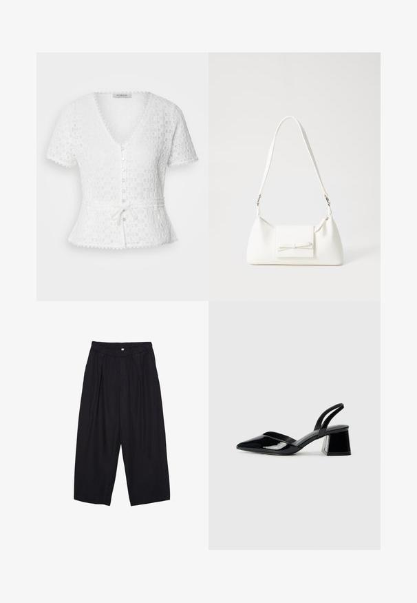 Blusa bianca a maniche corte con scollatura a V, motivo floreale testurizzato, chiusura con bottoni frontale e cintura annodata in vita. Presenta bordi ondulati.; Pantaloni culotte neri in poliestere con una cintura elastica, due pieghe frontali e una silhouette ampia. Nessun motivo visibile o dettagli in metallo.; Décolleté in vernice nera con punta affusolata e tacco in geometria cubica. Presentano un design elegante e minimalista, con una texture liscia.; Borsa sintetica bianca a forma triangolare, con patta anteriore piatta e dettaglio a fiocco, tracolla regolabile, texture liscia e design minimalista.