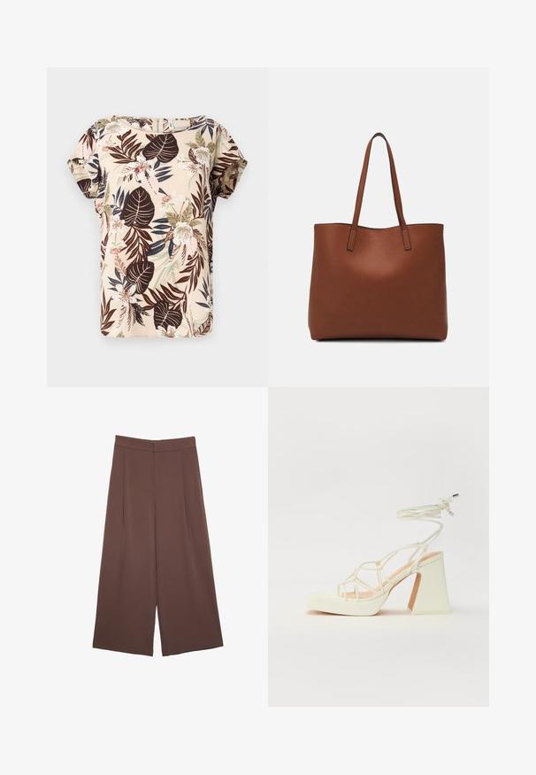 Kurzarmbluse in Beige mit einem tropischen Blumenmuster, das dunkle Blätter, zarte rosa Blumen und grüne Akzente zeigt. Glatte Stofftextur.; Braune Weite-Leg-Hosen mit einer glatten Textur, hoher Taille und Vorderfalten. Der Stoff ist leicht und fällt locker.; Weiße High-Heel-Sandale mit einem klobigen Absatz, die über ein Riemchendesign und ein Knöchelband verfügt. Glatte Textur mit einer Plattform vorne für zusätzliche Höhe.; Braune Leder-Tote mit glatter Textur, offenem Oberteil und zwei Schulterriemen. Verfügt über minimale Nähte und keine sichtbaren Beschläge.