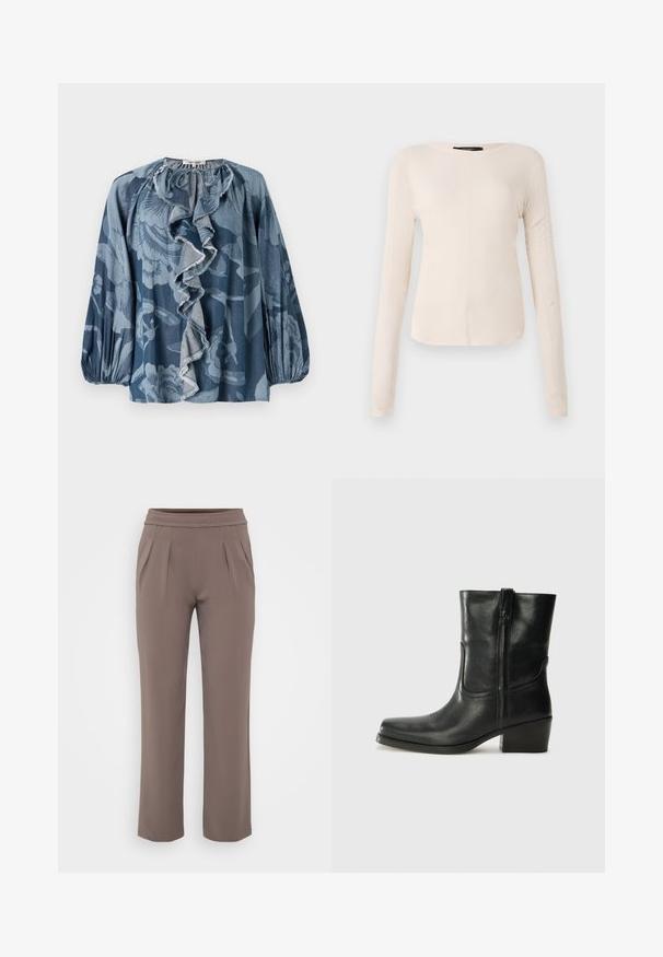 Blusa floral azul con detalle de cuello con volantes, mangas largas y tela texturizada. El diseño incluye varios tonos de azul y patrones sutiles.; Top de manga larga, color beige claro, con cuello redondo. Fabricado en un tejido suave, presenta una costura central y un dobladillo ligeramente curvado. Sin herrajes visibles.; Pantalones sueltos color topo con cinturilla elástica y pliegues frontales, hechos de una tela suave.; Botín negro de cuero hasta el tobillo con punta redondeada, tacón cuadrado, cremallera lateral y detalles de costura en el empeine. Textura suave, diseño clásico.