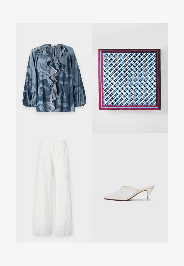 Sinine lillemusteriga pluus, millel on ruffles kaeluse detail, pikad varrukad ja tekstuuriga kangas. Kujunduses on erinevad sinised varjundid ja peened mustrid.; Valge laia jala püksid, millel on elastne vöökoht, kaunistatud tekstuurse lillemustriga kogu kangas.; Valge võrkmaterjalist teravatoa mulli king, millel on peen keskmise kõrgusega konts ja libisev disain, tühjal taustal.; Siidist sall, kus on korduv sinine ja must muster valgel taustal, ääred on raamitud tumepruuni ja siniste triipudega.