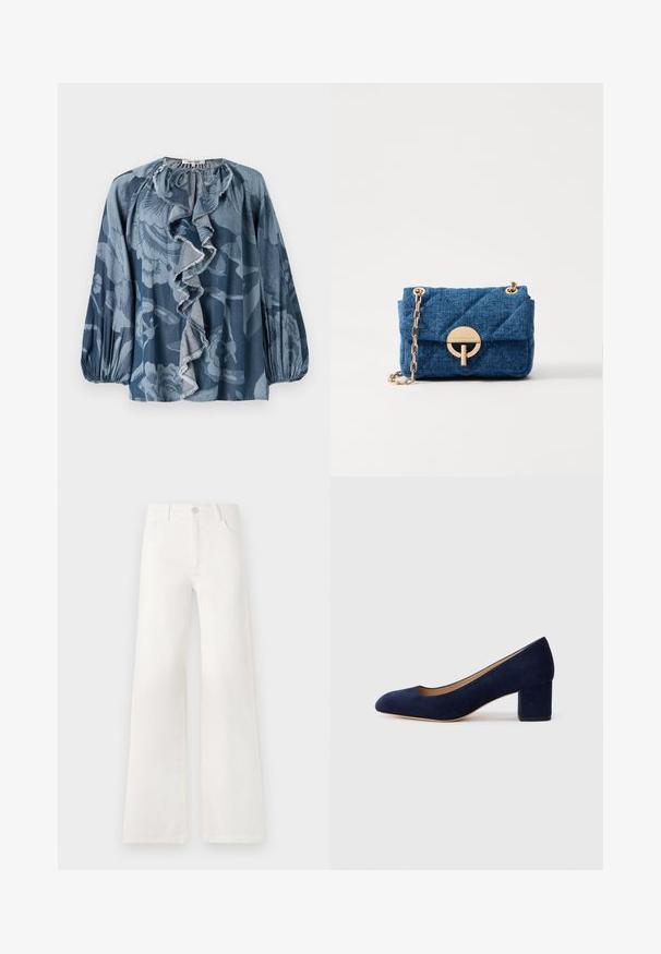 Blaue Bluse mit floralem Muster, Rüschendetail am Hals, langen Ärmeln und strukturiertem Stoff. Das Design umfasst verschiedene Blautöne und subtile Muster.; Weiße, hoch taillierte, weite Jeans aus Denim. Verfügt über einen Knopfverschluss, zwei Fronttaschen und Seitennähte mit Stickdetails.; Marineblaue Wildleder-Pumps mit spitzem Zehenbereich und einem mittelhohen Blockabsatz. Glatte Textur mit einem subtilen Glanz und einem kleinen Ausschnitt an der Vorderseite.; Vanessa Bruno NANO MOON - Umhängetasche - indigo
