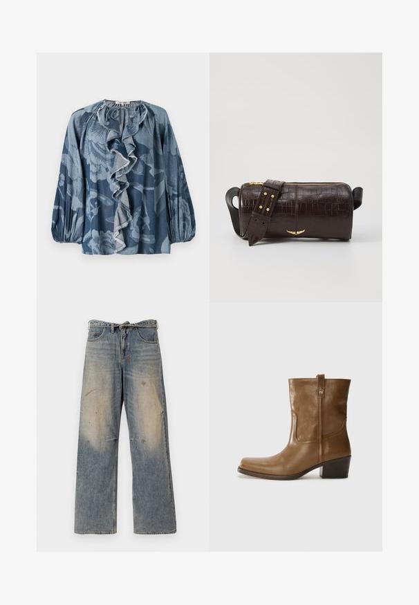 Blusa floreale blu con dettagli a ruches sul collo, maniche lunghe e tessuto testurizzato. Il design include diverse tonalità di blu e sottili motivi.; Jeans in denim azzurro chiaro con una vestibilità ampia e gambe dritte. Presentano effetti di usura, scolorimento e dettagli strappati vicino alle ginocchia. Stile classico a cinque tasche.; Stivale alla caviglia in pelle marrone con punta quadrata, finitura testurizzata e tacco basso incassato. Dotato di un pratico tassello posteriore e dettagli di cucitura sottili.; Borsa in pelle stampata a coccodrillo marrone con forma cilindrica, accessori in tonalità oro e una tracolla staccabile con borchie.