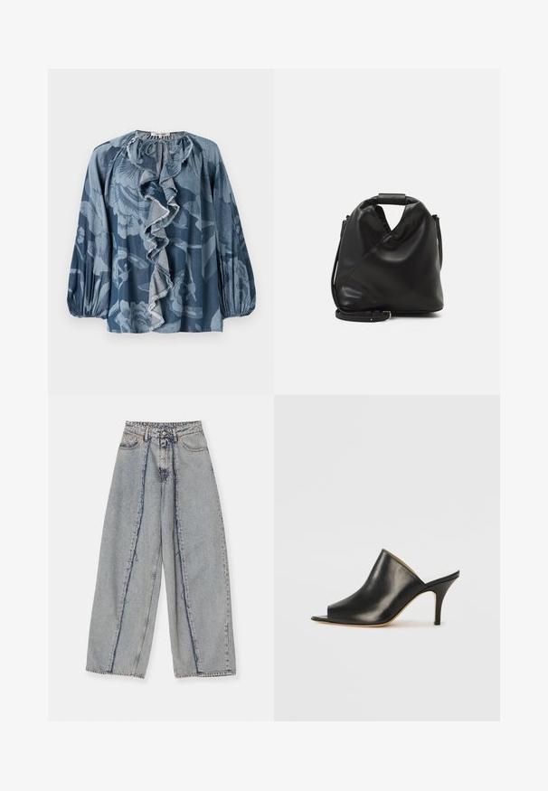 Blue floral blouse featuring ruffled neck detail, long sleeves, and textured fabric. The design includes various shades of blue and subtle patterns.; Light blue wide-leg jeans with frayed edges, a high waist, and contrasting seams. Made of denim, showcasing a relaxed fit and minimal distressing.; Black leather open-toe mule with a sleek, curved design, high stiletto heel, and smooth texture. The interior features a contrasting light color.; Black, soft leather bag with a unique twisted design. Features a short handle and a detachable shoulder strap. Minimalist style.