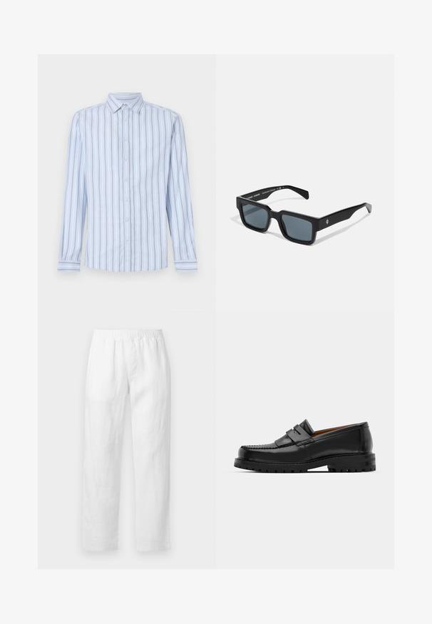 Világoskék, hosszú ujjú ing fehér és sötétkék függőleges csíkokkal, gombos gallérral és elöl gombos záródással. Friss szövet textúra.; Fehér lenvászon nadrág, rugalmas derékpánttal, egyenes szárú szabással és lágy tapintású anyaggal, minták vagy látható díszítőelemek nélkül.; Fekete bőr loaferek kiemelkedő varrással, két díszcsíkkal a felső részen és vastag, struktúrált talppal rendelkeznek a jobb tapadás érdekében.; Fekete, matt felületű, téglalap alakú napszemüveg, sötét tónusú lencsékkel és diszkrét logóval a keret oldalán. Egyedi szögletes dizájn.