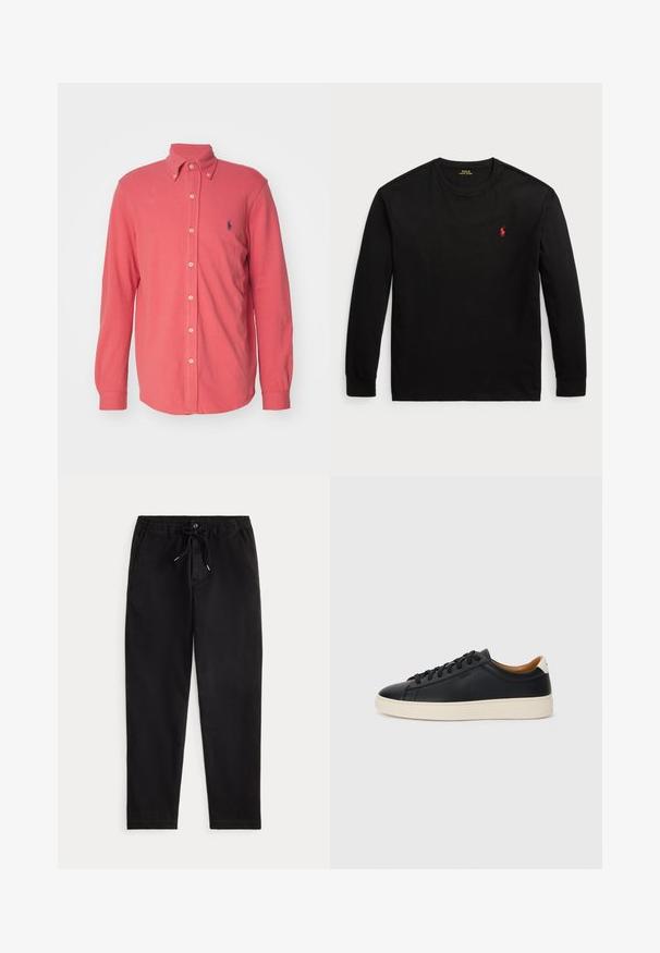 Camisa de botão cor de coral com mangas longas e gola clássica, apresentando um pequeno logotipo no lado esquerdo do peito e botões brancos na parte da frente.; Camisola de manga longa preta feita de algodão. Apresenta um colarinho redondo, punhos canelados e um pequeno logo bordado vermelho no peito. Textura suave.; Calças casuais pretas com cintura elástica, cordão de ajuste, botão frontal e bolsos laterais, exibidas sobre um fundo simples.; Tenis de couro preto com uma textura suave, sola de borracha bege, design de atar e um destaque no calcanhar em contraste.