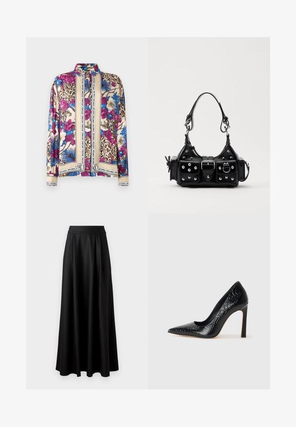 Pitkähihaisessa nappikauluspuserossa on leopardikuosi, kukkakuosia, sinisiä palmulehviä sekä beigejä paneeleja, joita kehystää pystysuorat "Just Cavalli" -tekstit. ; Mustat, lattiapituinen hame, jossa on sileä pinta, leveä vyötäröosa ja plissoitu muotoilu, ilman näkyviä kuvioita tai koristeita.; Musta kapea nilkkakorkokenkä krokotiilin nahkakuviolla, joka on varustettu tyylikkäällä muotoilulla, korkealla stiletto-korkealla ja sileällä mustalla sisäosalla.; Musta nahkainen käsilaukku, jossa on kaareva muotoilu, hopeiset niitit, solki ja kaksi sivutaskua. Säädettävä olkahihna erilaisiin kantovaihtoehtoihin.