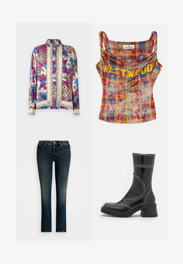Košeľa na gombíky s dlhými rukávmi s leopardím, kvetinovým a modrým palmovým vzorom, a béžovými panelmi orámovanými vertikálnymi pruhmi s textom "Just Cavalli".; Skrajený, károvaný top na ramienka v jasnej červenej, žltej a modrej farbe. Vybavený voľným výstrihom a tučným žltým textom "WESTWOOD". Mäkka, textúrovaná tkanina.; Tmavomodré džíny z denimu s rovnými nohavicami, piatimi vreckami a svetlým vyblednutím na prednej strane. Strieborný gombík a zips na zapínanie.; Čierne lakované kožené členkové čižmy s bielym prešívaním, zaoblenou špičkou a blokovým podpätkom. Majú zakrivené línie dizajnu a hladkú textúru.