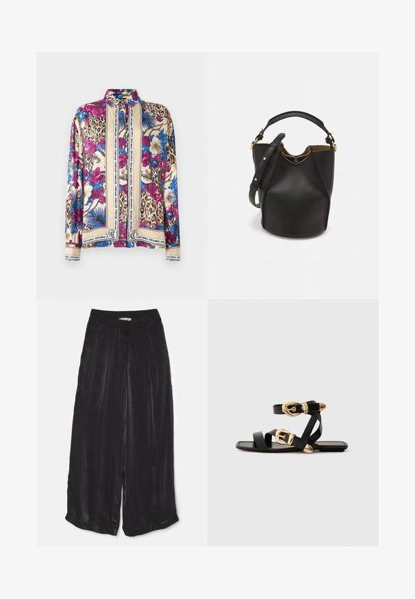 Hosszú ujjú gombos ing leopárd, virágos, kék pálma mintával és bézs panelek keretezésével, amelyeket függőleges "Just Cavalli" felirat csíkok díszítenek.; Fekete, bő szárú nadrág sima selyemszaténból, magas derekú, elöl pliszírozott, rövidített hosszúságú és oldalszárral.; Fekete bőr szandál arany csattal, több hevederrel és lapos talpú dizájnnal, nyitott lábujjú viselethez.; Fekete bőr vödör táska texturált felülettel, arany hardware részletekkel és nyitott tetejével. Rövid fogantyúval és állítható vállpánttal rendelkezik.