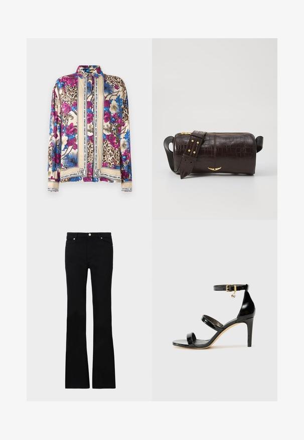 Langsleeve knoopoverhemd met luipaard-, bloem-, blauwe palmprint en beige panelen omlijst door verticale tekststroken van "Just Cavalli".; Zwarte flared jeans van denim, met twee voorzakken, een knoopsluiting en een gladde textuur. Kenmerkende stiksels zichtbaar bij de naden.; Zwarte gepatineerde leren sandaal met drie banden, enkelgesp en 10 cm hoge stiletto hak. Bevat gouden hardwaredetails en een logo charm.; Bruine krokodil-embosserende leren tas met een cilindervorm, gouden hardware en een afneembare schouderband met studs.