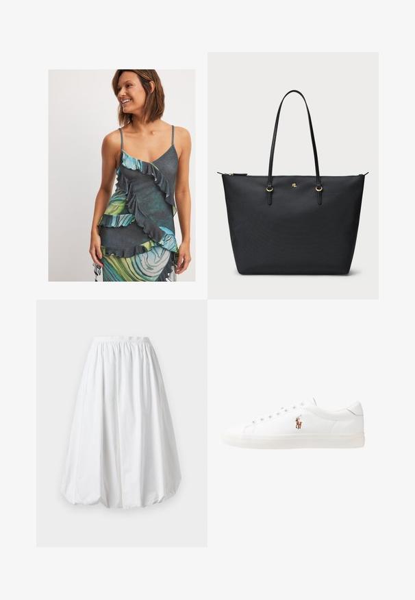 Varrukateta kleit volangide disainiga, millel on tume alus, roheline ja sinine marmorilaadne muster ning pehme tekstuur.; Valge, põlvepikkune seelik, millel on elastne vöökoht ja balloonikujuline lõige. Valmistatud kergest kangast, millel on sile tekstuur.; Valged nahast tossud, madala ülaservaga disain, millel on sile tekstuur, ümar varvas, nööridega esiosa ja väike tikand logoga küljel.; Mustmust kott, millel on reljeefne pind, tõmblukk ja kaks nahast käepidet. Omab kuldset riistvara ja diskreetset logo esiküljel.