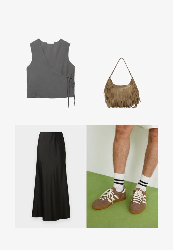 Top grigio senza maniche, realizzato in tessuto leggero, con scollo a V e un dettaglio a cravatta sul lato. Tessuto liscio, design semplice.; Gonna maxi in satin nero con texture liscia, vita alta e fondo svasato. Caratterizzata da un design semplice senza motivi visibili o accessori.; Sneaker in suede marrone con dettagli e lacci bianchi. Suola in gomma color gomma. Indossati con calzini bianchi con righe nere. Pavimento verde texturizzato.; Borsa a tracolla in suede marrone con lunghi dettagli in frange, forma curva e una singola tracolla. Presenta una superficie liscia e testurizzata.