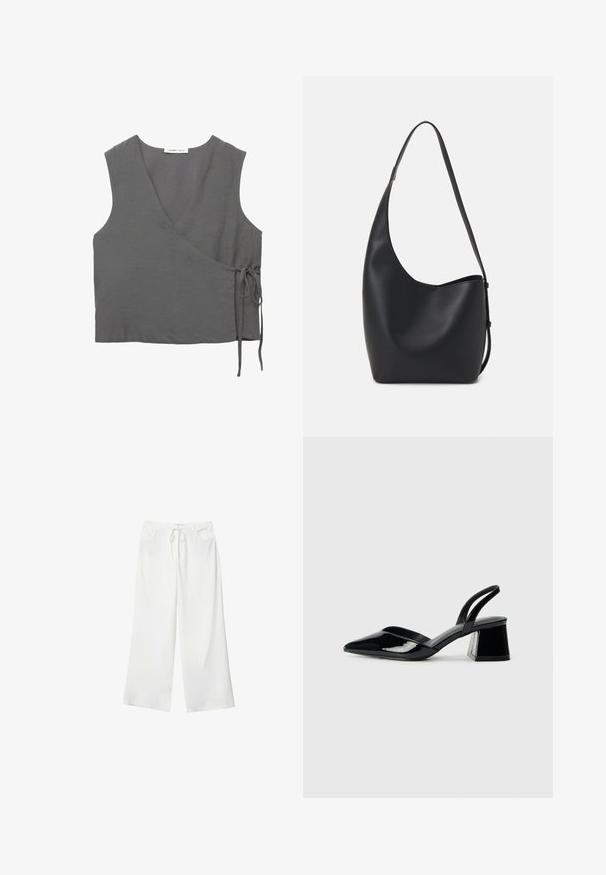 Sivý bezrukávový zavinovací top vyrobený z ľahkej tkaniny, s V-výstrihom a ozdobným viazaním na boku. Hladká štruktúra, jednoduchý dizajn.; Biele široké nohavice vyrobené z mäkkej látky, s pásekom na sťahovanie a dvoma prednými vreckami. Hladká textúra a bez viditeľných vzorov.; Čierne lakované kožené sandálové podpätky s špicatou špičkou a geometrickým blokovým podpätkom. Disponujú elegantným, minimalistickým dizajnom a hladkým povrchom.; Čierna kožená hobo taška so hladkou textúrou, zakriveným tvarom a jedným nastaviteľným popruhom; má široké otvorenie na vrchu.