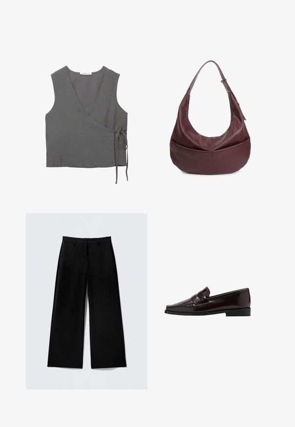 Grauer ärmelloser Wickeloberteil aus leichtem Stoff, mit V-Ausschnitt und einer Bindung an der Seite. Glatte Textur, einfaches Design.; Schwarze Hosen mit weitem Bein aus einem glatten Stoff, mit flacher Front, Gürtelschlaufen und ohne sichtbare Muster oder Beschläge.; Brauner Lederloafer mit einer Mokassin-artigen Vorderseite, hochgezogener Naht entlang des Vamps und einer niedrigen schwarzen Gummisohle. Glatte, polierte Oberfläche.; Burgunderfarbige Leder-Hobo-Tasche mit einer geschwungenen Silhouette, breitem Trageriemen und einem Reißverschlussverschluss. Verfügt über eine Fronttasche mit einer glatten Textur.