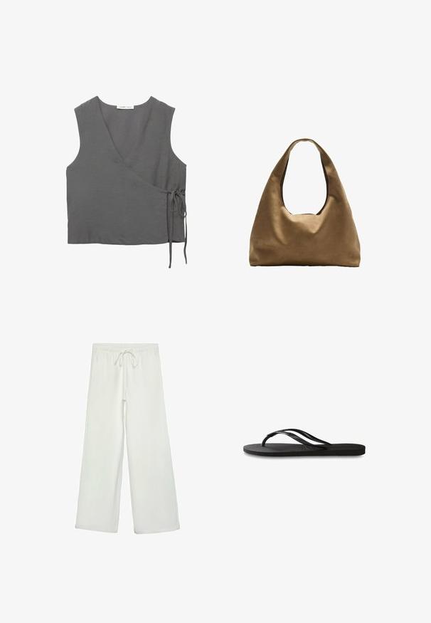 Top grise sans manches en tissu léger, avec un col en V et un détail de lien sur le côté. Texture lisse, design simple.; Pantalons larges blancs en tissu doux. Dotés d'une taille élastique avec cordon de serrage et d'une texture lisse. Aucuns motifs visibles ni éléments en métal.; Tongs noires avec une semelle en caoutchouc texturée, deux fines lanières et un détail de logo embossé subtil sur la lanière.; Sac à épaule en tissu marron avec un corps large et arrondi et une grande poignée découpée. Texture douce, design minimaliste et aucun matériel visible.