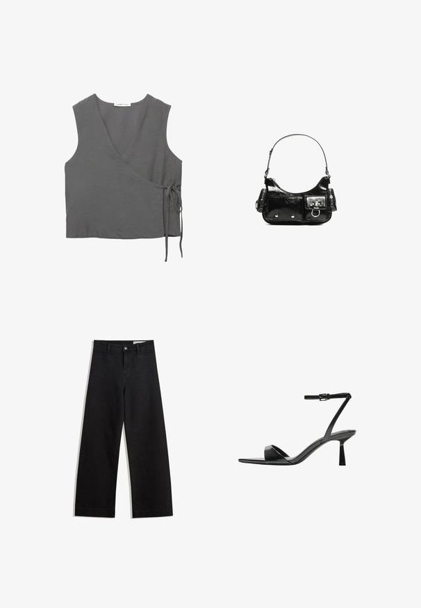 Sivi bezrukavi kroj čija je izrada od laganog materijala, s V-izrezom i detaljem vezivanja sa strane. Glatka tekstura, jednostavan dizajn.; Crne široke traperice s visokim strukom, s prednjim i stražnjim džepovima, šivenim šavovima i kopčanjem na gumb. Glatka tekstura.; Bershka Sandale s visokom petom - black; Crna patentna kožna torba s zakrivljenim oblikom, jednim remenom za rame, prednjim džepovima i akcentima od srebrnog tona.
