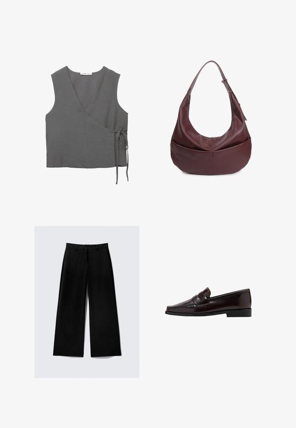 Grauer ärmelloser Wickeloberteil aus leichtem Stoff, mit V-Ausschnitt und einer Bindung an der Seite. Glatte Textur, einfaches Design.; Schwarze weit geschnittene Hose mit Seitentaschen, Gürtelschlaufen und Reißverschluss vorne auf einem schlichten hellen Hintergrund.; Brauner Lederloafer mit einer Mokassin-artigen Vorderseite, hochgezogener Naht entlang des Vamps und einer niedrigen schwarzen Gummisohle. Glatte, polierte Oberfläche.; Burgunderfarbige Leder-Hobo-Tasche mit einer geschwungenen Silhouette, breitem Trageriemen und einem Reißverschlussverschluss. Verfügt über eine Fronttasche mit einer glatten Textur.