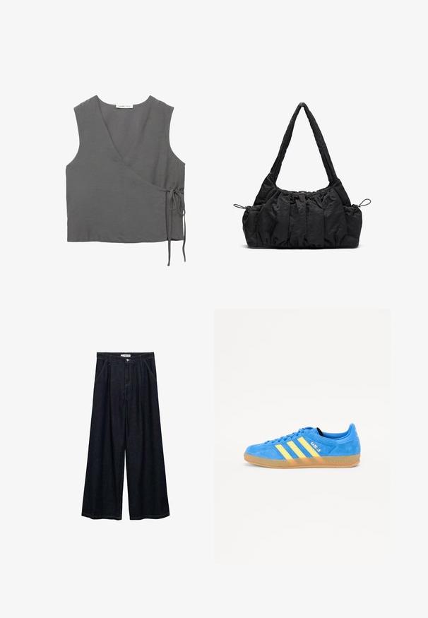 Grauer ärmelloser Wickeloberteil aus leichtem Stoff, mit V-Ausschnitt und einer Bindung an der Seite. Glatte Textur, einfaches Design.; Dunkelblaue, weite High-Waist-Hosen aus Denim mit einem Knopfverschluss vorne, zwei Seitentaschen und Nähdetails.; Blaue Wildleder-Sneaker mit gelben Streifen, Gummisohle und "Gazelle"-Branding. Runde Zehenform und Schnürdesign.; Schwarze Stoffhandtasche mit geraffter Textur, zwei Schulterträgern und Kordelzugverschluss an den Seiten. Glattes, leichtes Material.