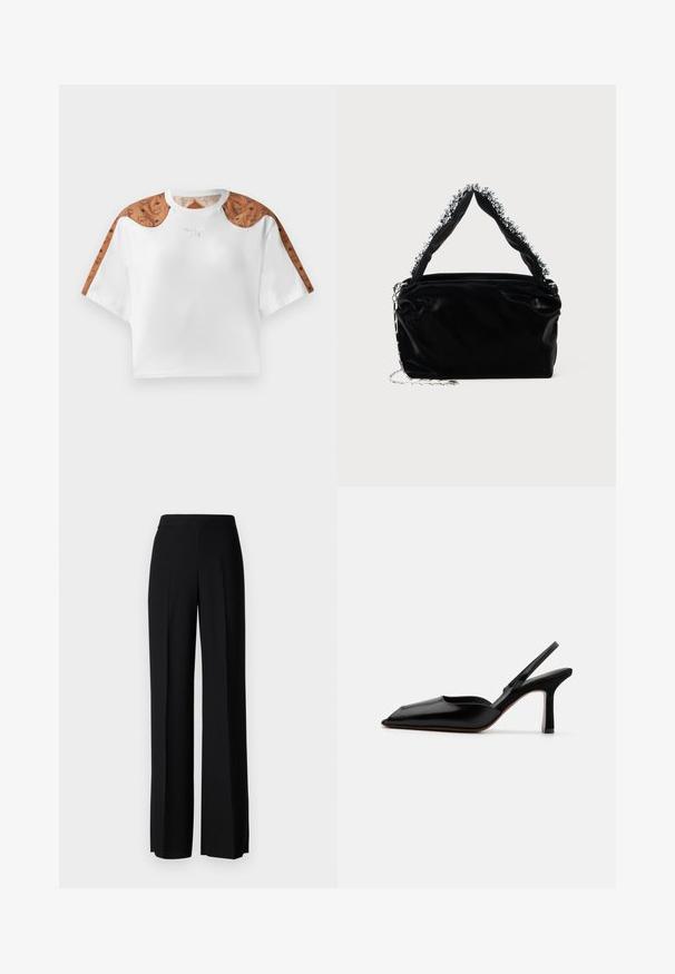 Lühikeste varrukatega valge särk, millel on pruunid mustriribad õlgadel ja väike hall metalline logo ees.; Mustad laiad püksid mustas värvitoonis, sujuva tekstuuri ja kõrge vöökoha ning keskmiste voldikutega. Ilma nähtavate mustrite või tarvikute detailideta.; Must musta slingback-kand käptelastega, terava varvaga, minimalismi disainiga, õhuke pahkluu rihm ja sujuv stiletto-kõrgus. Sile tekstuur.; Must mustrepp nahkakäekott, millel on tekstuuriga viimistlus, esitades pehme hõbedase aktsendi pealt käepideme juures ja kettainet.