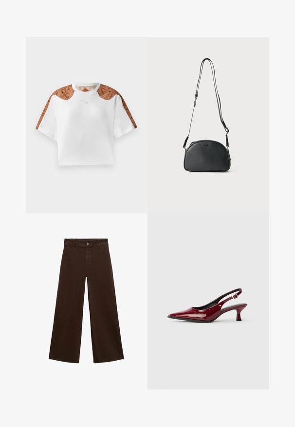Cropped white t-shirt with short sleeves, featuring brown patterned accents on shoulders and a small silver logo on the front.; Brown wide-leg trousers in cotton blend, featuring a frayed hem, front button closure, and classic five-pocket design. Minimalistic and versatile.; Burgundy patent leather slingback heels with a pointed toe and a sleek stiletto heel. Open back design with adjustable ankle strap detail.; Black leather crossbody bag with a rounded shape, two adjustable straps, and a subtle logo on the front. Textured exterior, minimalistic design.