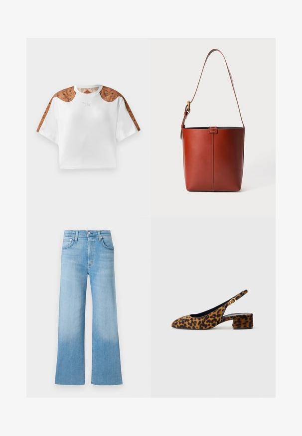 Camiseta blanca recortada de manga corta, con detalles estampados en marrón en los hombros y un pequeño logo plateado en el frente.; Jeans de mezclilla azul claro de pierna ancha con una textura descolorida, cintura alta y diseño tradicional de cinco bolsillos. Cierre con botón metálico y cremallera.; Zapato de mujer estilo slingback con estampado de leopardo, tacón bajo y hebilla dorada en la correa lateral, mostrado en perfil lateral sobre un fondo liso.; Bolso de cuero marrón tipo cubo con correa para el hombro ajustable y hebilla dorada, con un simple detalle de costura vertical en la parte frontal.