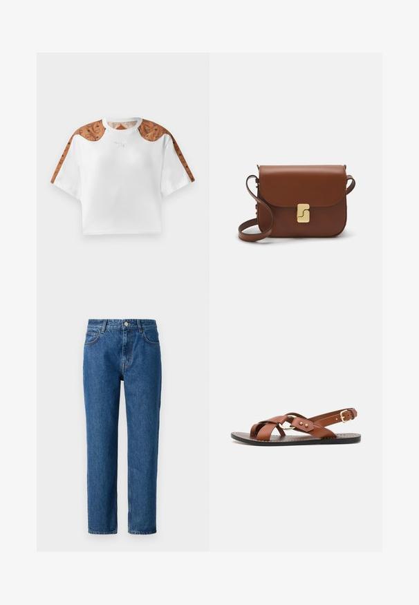 Kratka bela majica s kratkimi rokavi, ki ima rjave vzorčaste detajle na ramenih in majhen srebrn logo spredaj.; Modri denim kavbojki s ravnim krojem, opremljene z gumbom, zankami za pas in sprednjimi žepi. Narejene so iz teksturirane bombažne tkanine.; Sœur FLORENCE - Sandali - cognac; Rjava usnjena torbica s poklopcem, zlato obarvani okovi, naramnica in gladka tekstura. Kompaktna pravokotna oblika.
