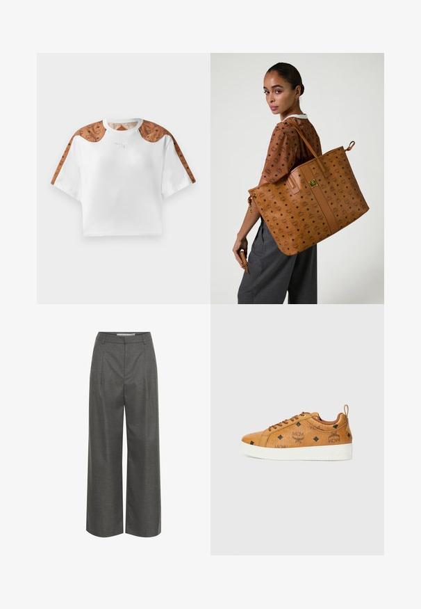 Lyhythihainen valkoinen t-paita, jossa on ruskeita kuvioita hartioilla ja pieni hopeinen logo edessä.; Harmaat leveälahkeiset housut, jotka on valmistettu tekstuuri-kankaasta. Housuissa on korkea vyötärö ja etupleatit, eikä näkyviä taskuja tai metallisia yksityiskohtia.; Ruske nahkakengät valkoisilla kumipohjilla, joissa on mustia timanttikuvioita ja MCM-logot sivuilla. Mukana nauhat ja takana oleva lenkki.; Iso suurikokoinen beige kantolaukku, jossa on kohokuvioitu kuvio, sileä pinta, litteät hihnat ja kultasävyinen varuste.; Ruskea nahkalompakko vetoketjulla, jossa on mustia MCM-logoja ja timanttikoristeita sileäpintaisella pinnalla.