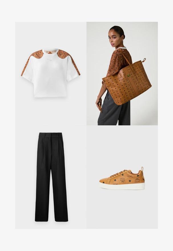 Krótkie białe t-shirt z krótkimi rękawami, z brązowymi wzorzystymi akcentami na ramionach i małym srebrnym logo na przodzie.; Czarne spodnie o szerokich nogawkach z gładką teksturą, z plisami z przodu i wysokim stanem. Wykonane z lekkiego materiału.; Brązowe skórzane trampki z kontrastującymi białymi gumowymi podeszwami, z czarnymi diamentowymi wzorami i logo MCM z boku. Zawierają sznurowadła i tab licową z tyłu.; Kobieta z związanymi włosami, niosąca dużą brązową torebkę w wzory oraz pasującą małą saszetkę, ubrana w brązową koszulkę z logo i szare spodnie.; Brązowy portfel ze skóry z zamknięciem na zamek, zdobiony czarnymi wzorami logo MCM oraz diamentowymi akcentami na gładkiej powierzchni.