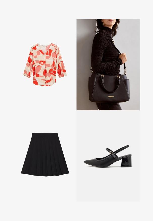 Röd och persikofärgad blus med abstrakt mönster, med V-ringning, trekvartsärmar och knapprar, tillverkad av lätt material.; Svart plisserad kjol gjord av texturerad tyg med en figurnära midjeband. Faller till knä längd och har en slät, ren silhuett.; Svarta lackläder slingback-klackar med spetsig tå, en rundad utskärning och en blockklack. Utsmyckad med en spänne i guldton.; Svart handväska med texturerad yta, dubbla handtag upptill och justerbar axelrem. Utrustad med detaljer i guld och sidofickor.