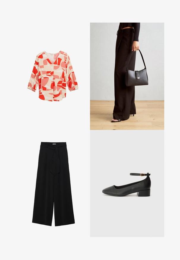 Red and peach abstract-patterned blouse with a V-neck, three-quarter sleeves, and button detail, made of lightweight fabric.; Black wide-leg pants featuring a textured fabric, an elastic waistband, and a detachable sash tie at the waist for adjustable fit.; Black leather pump with a pointed toe and a low block heel. Features an ankle strap with a gold-tone buckle. Smooth texture.; Black handbag with structured shape, smooth texture, and a metallic clasp. Paired with wide black pants and open-toe sandals on wooden floor.