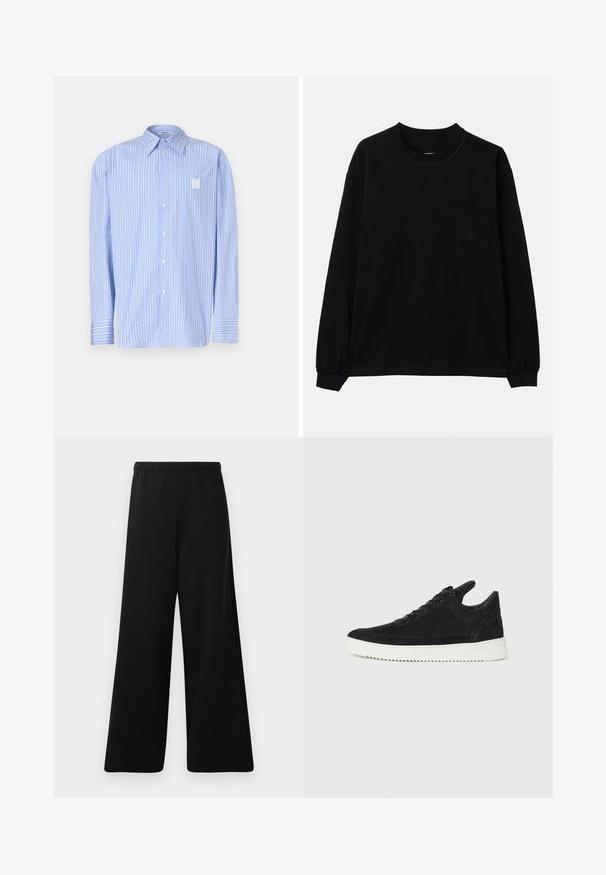 Camisa a rayas azul claro hecha de algodón, con cuello puntiagudo, cierre frontal de botones y logo bordado de la 'N'. Mangas largas con puños.; Camiseta negra de manga larga hecha de algodón, con cuello redondo, un bolsillo en el pecho izquierdo y puños elásticos. Diseño minimalista sin patrones.; Pantalones de pierna ancha negros hechos de un tejido suave. Cuentan con una cintura elástica, una textura suave y un diseño simple y moderno sin patrones.; Zapatilla de ante negra con suela de goma blanca, que presenta costuras en el mismo tono y un diseño de cordones. Textura suave con una forma moderna y aerodinámica.
