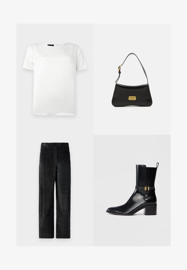 Fehér, rövid ujjú blúz, kerek nyakkivágással és sima, selyemhez hasonló textúrával. Hátul záródó részlet, amely enyhe fényt tükröz.; Fekete, textúrált, bő szárú nadrág, hangsúlyos szövettel, elülső redőkkel és lapos derékpánttal. Klasszikus dizájn, amely sokoldalúságot biztosít.; Fekete bőr bokacsizma közepes magasságú tömbsarkal, oldalán aranyszínű csattal ellátott pánttal és hátsó húzófüllel.; Fekete bőr kézi táska ívelt kialakítással, arany logó táblával és vékony vállpánttal. Simább textúra igényes felülettel.